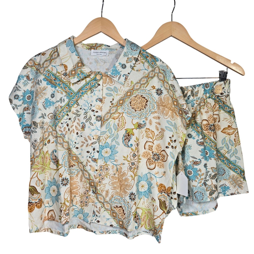 Modern Attraction Womens Large Boho Floral Paisley Linen Blend‎ Shorts Shirt Set